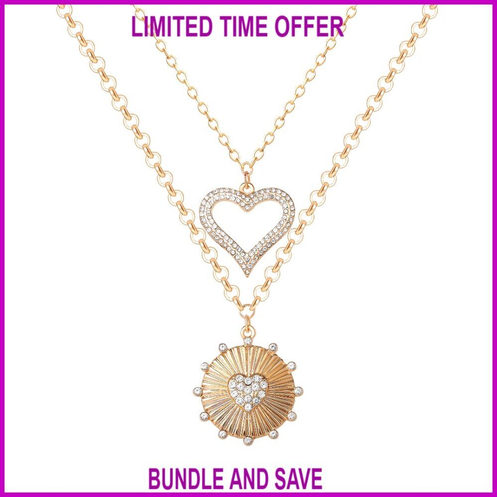 Gold-Tone Layered Necklace Set with Heart Pendants and Crystals